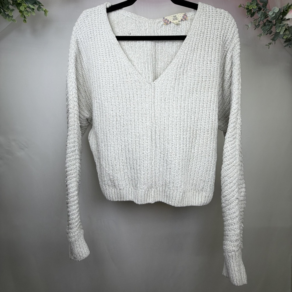 Pink Rose Womens Cream Sparkle Cardigan Sweater Medium Pullover (Small Hole) Pic